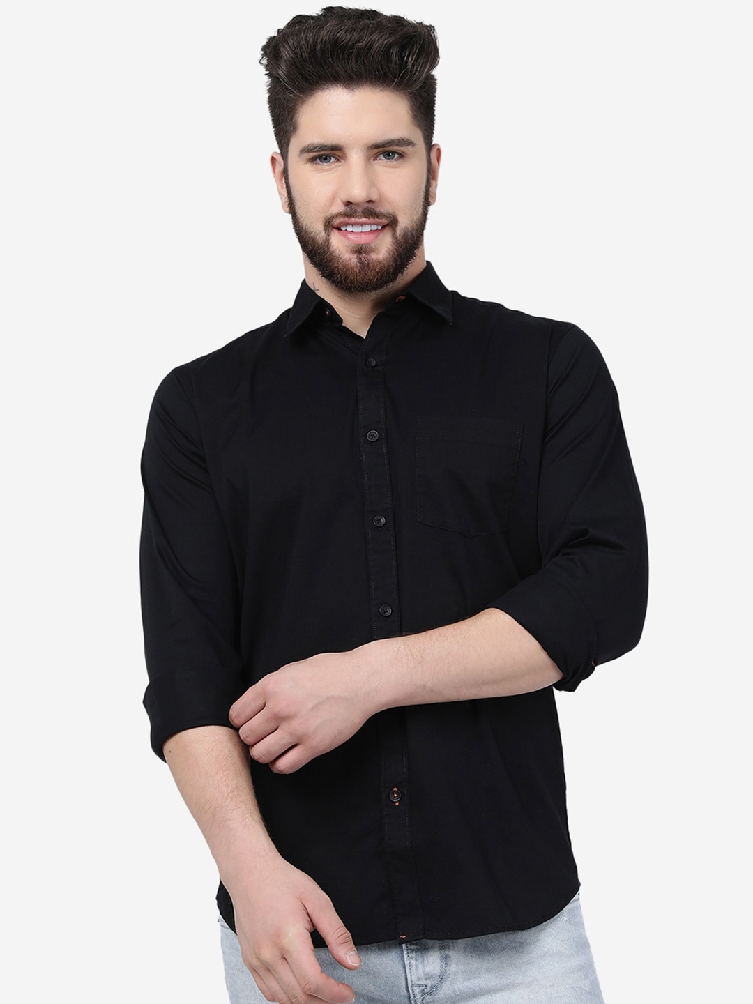 

JADE BLUE Spread Collar Slim Fit Cotton Casual Shirt, Black