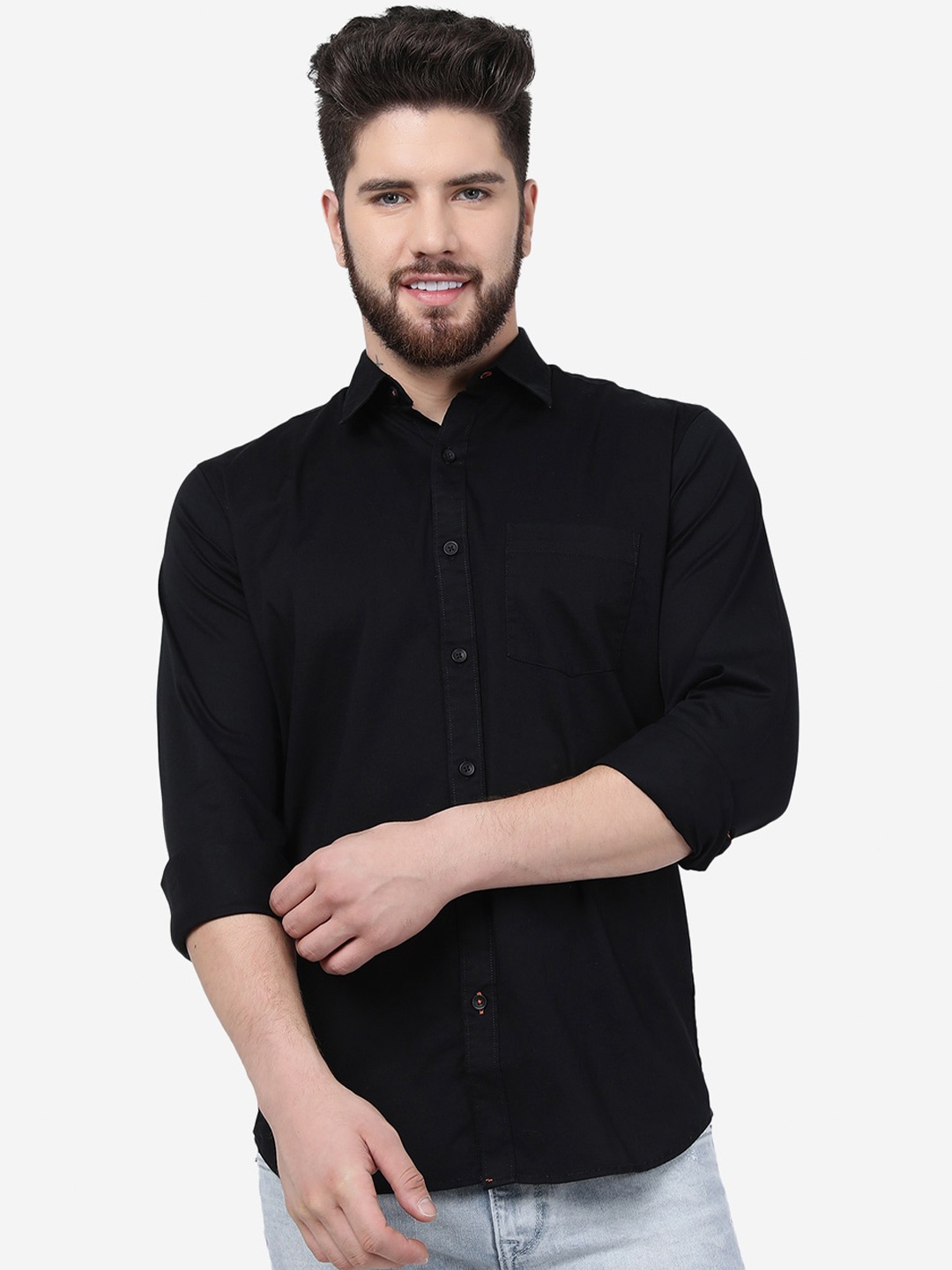 JADE BLUE Spread Collar Slim Fit Cotton Casual Shirt, Black