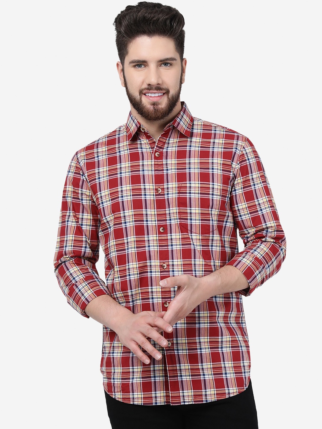 

JADE BLUE Tartan Checked Spread Collar Cotton Shirt, Red