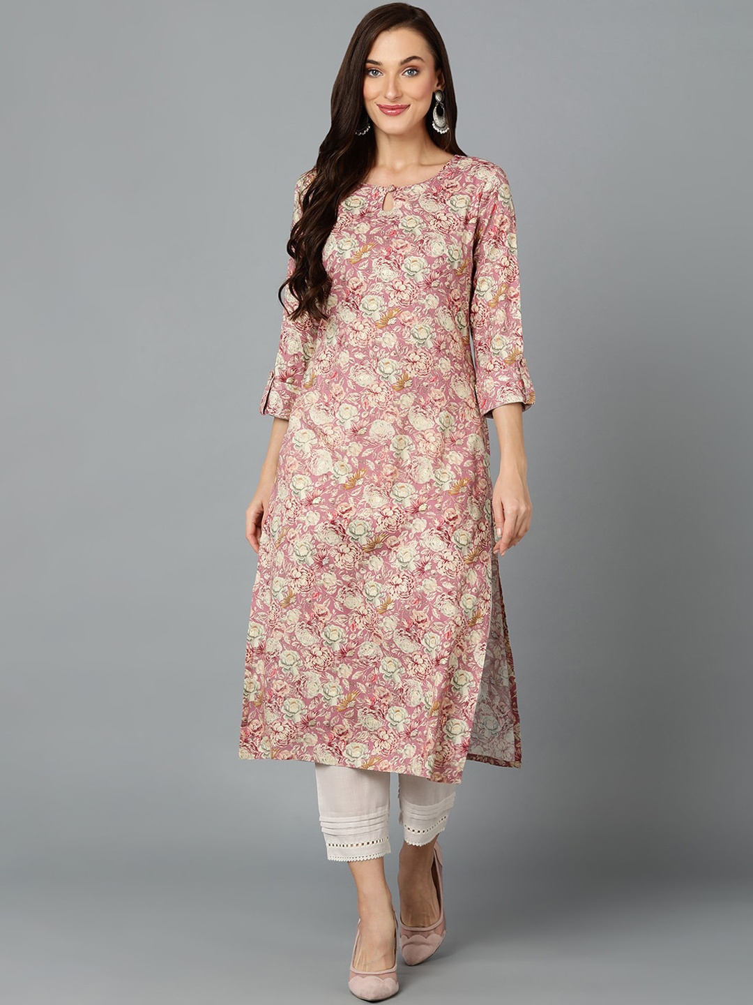 AHIKA Pink & Beige Floral Printed Keyhole Neck Roll-Up Sleeves Kurta