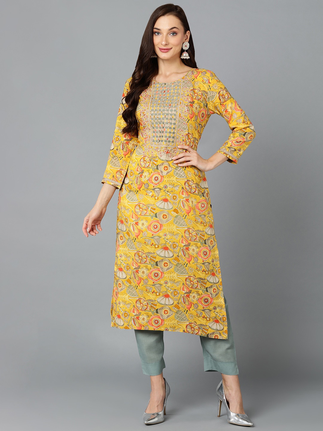 

AHIKA Mustard Yellow Quirky Printed Sequinned Thread Work Kurta