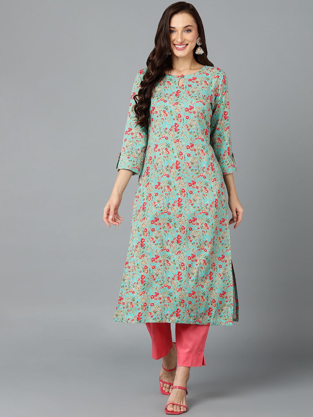 

AHIKA Turquoise Blue & Red Floral Printed Keyhole Neck Kurta
