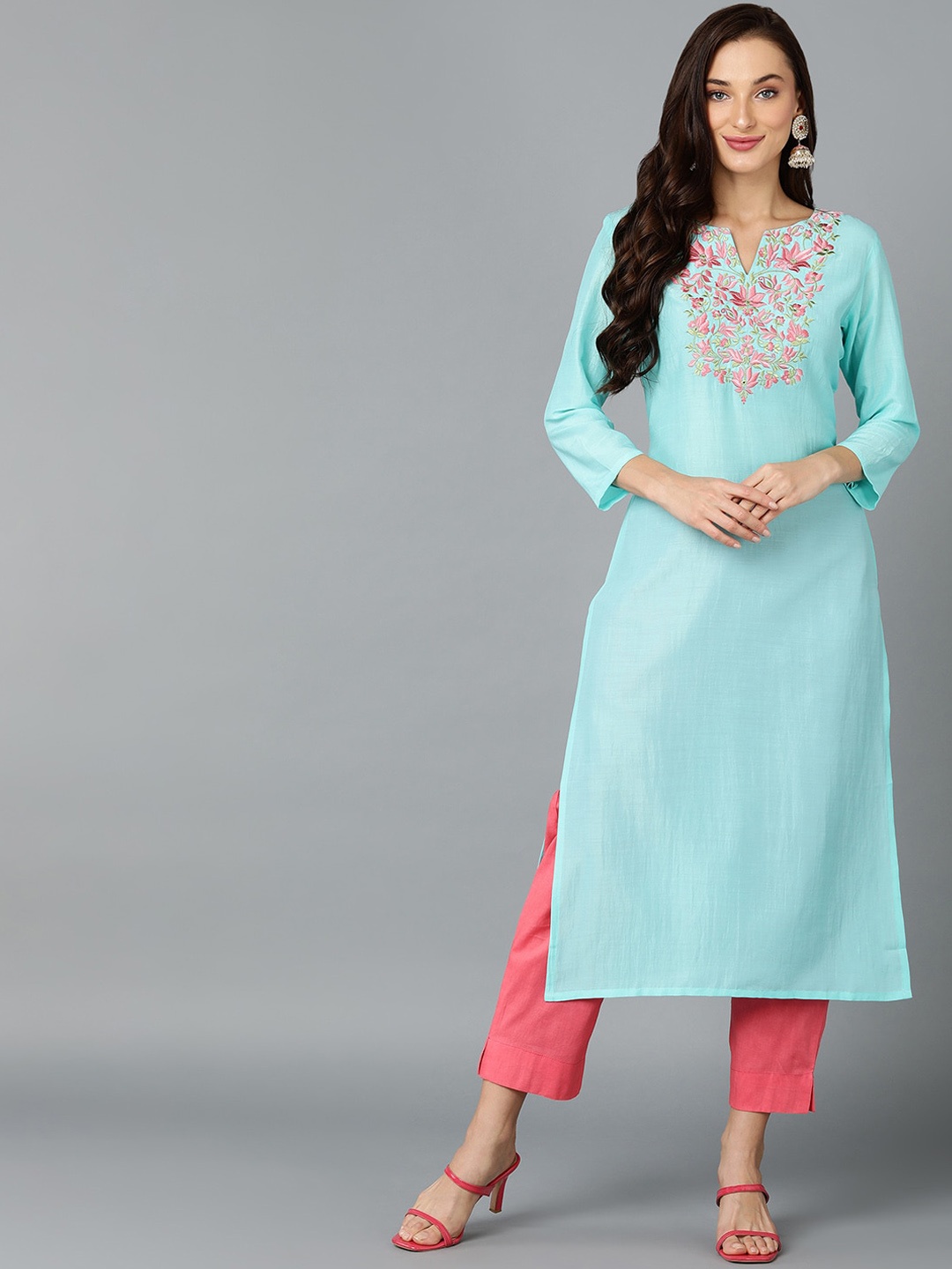 

AHIKA Turquoise Blue & Pink Floral Yoke Design Thread Work Kurta