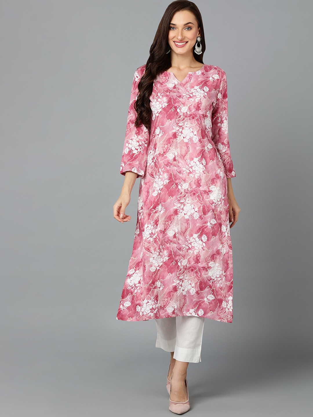 

AHIKA Pink & White Floral Printed Notched Neck Kurta