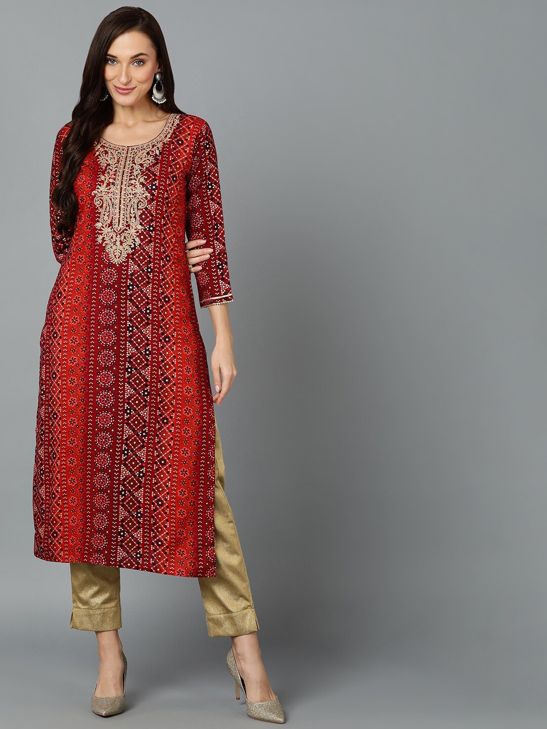 

AHIKA Maroon & Red Ethnic Motifs Printed Zari Sequinned Kurta