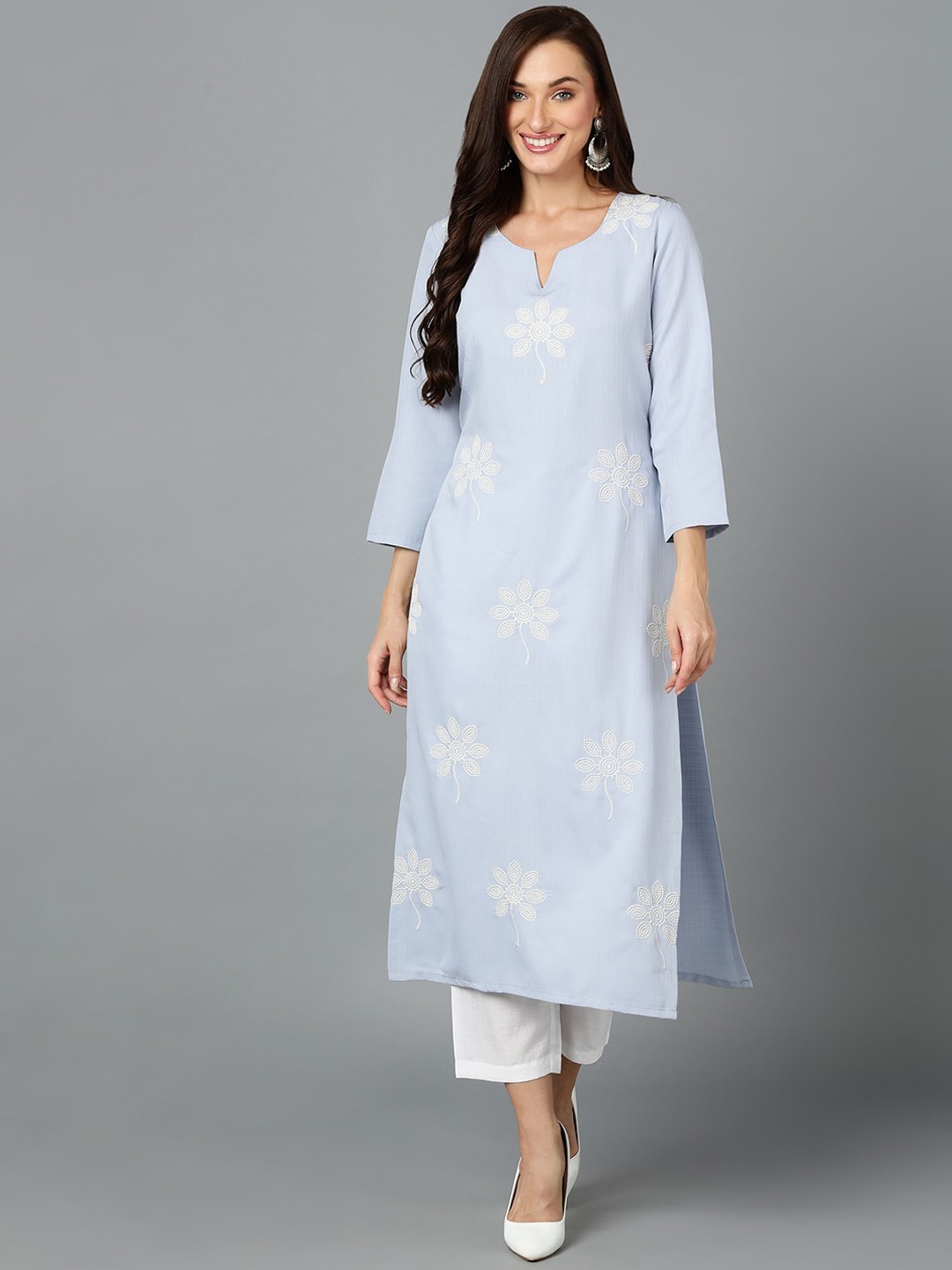 

AHIKA Light Blue & White Floral Embroidered Notched Neck Straight Kurta