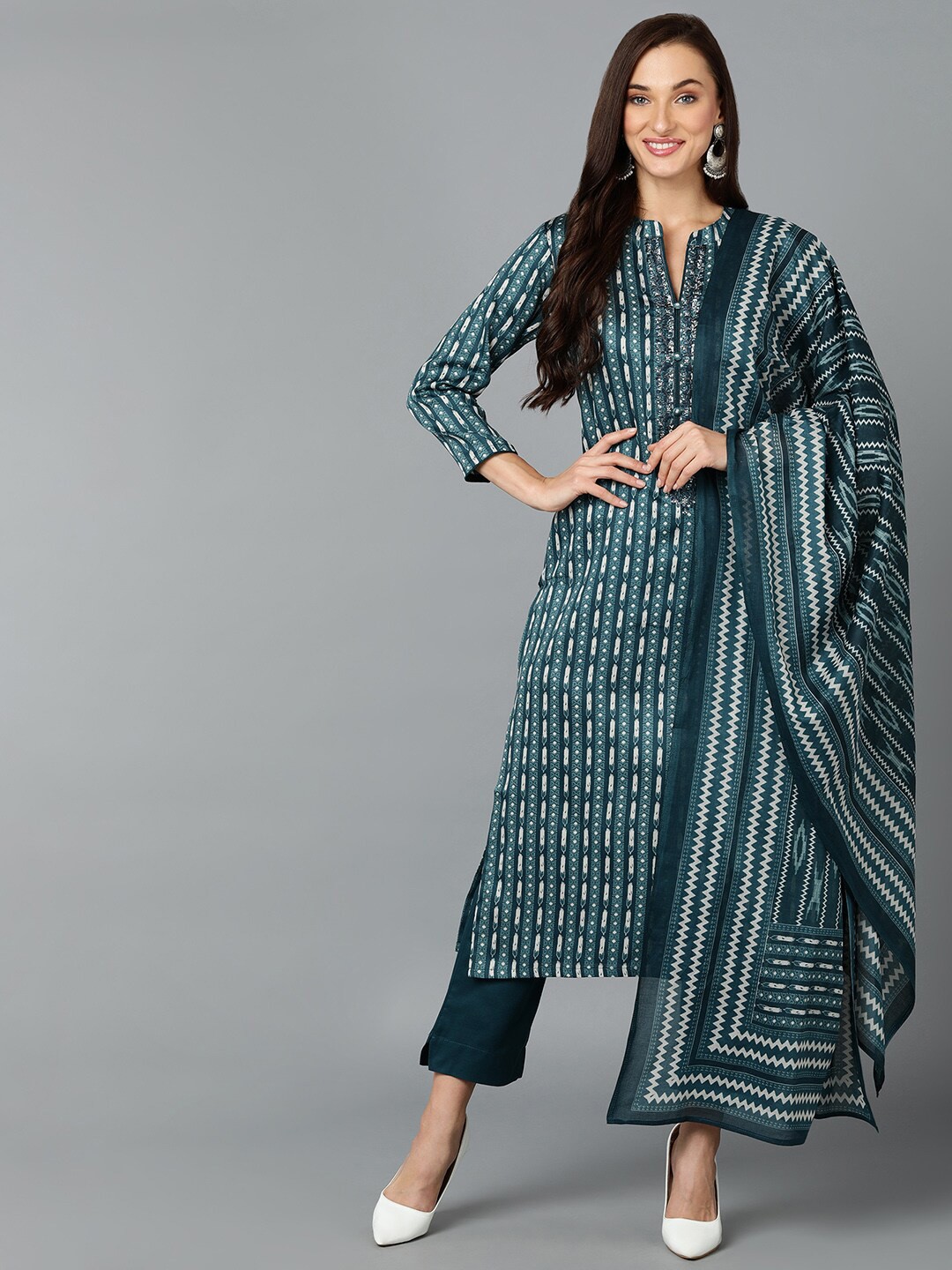 

AHIKA Teal Blue & Off White Ethnic Printed Thread Work Kurta with Trousers & Dupatta