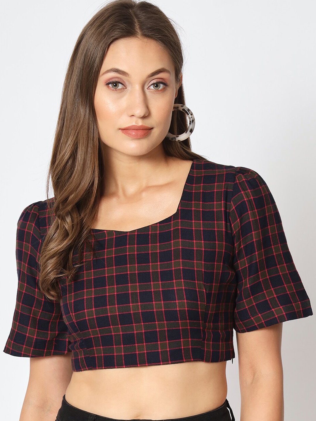 CHARMGAL Square Neck Puff Sleeves Checked Crop Top, Navy blue
