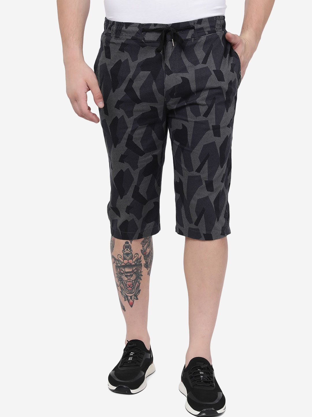 

JADE BLUE Abstract Printed Slim Fit Knee Length Cotton Shorts, Grey