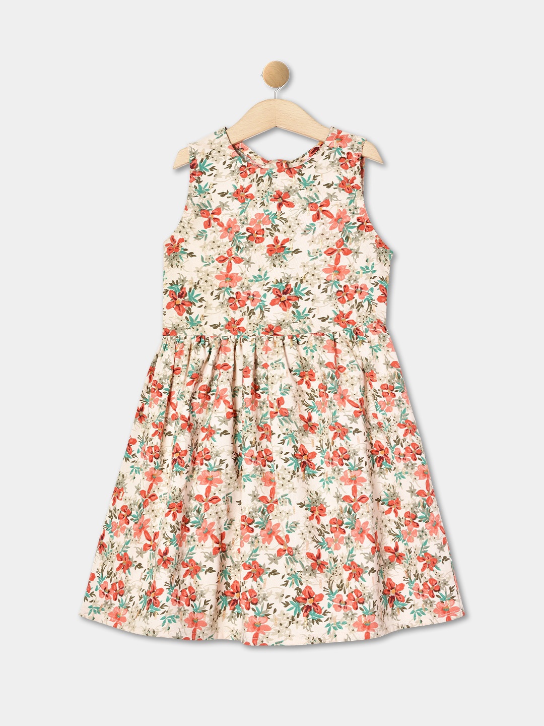 

R&B Girls Floral Printed Cotton Fit & Flare Dress, Off white
