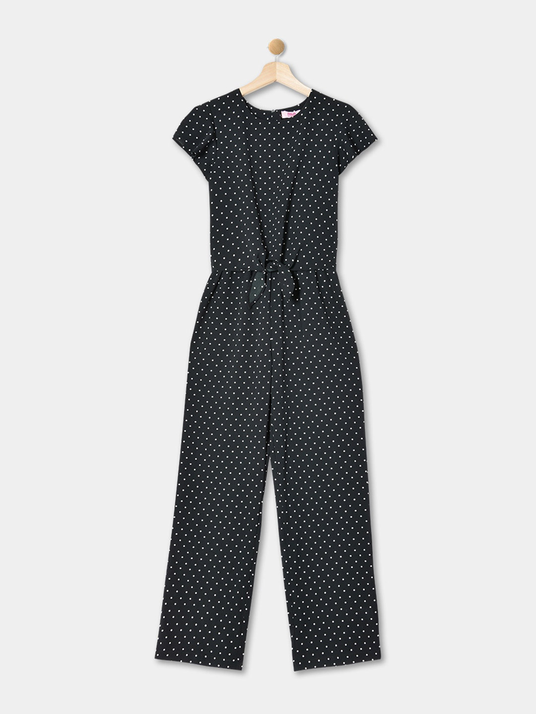

R&B Girls Polka Dots Printed Waist Tie-Up Basic Jumpsuit, Black