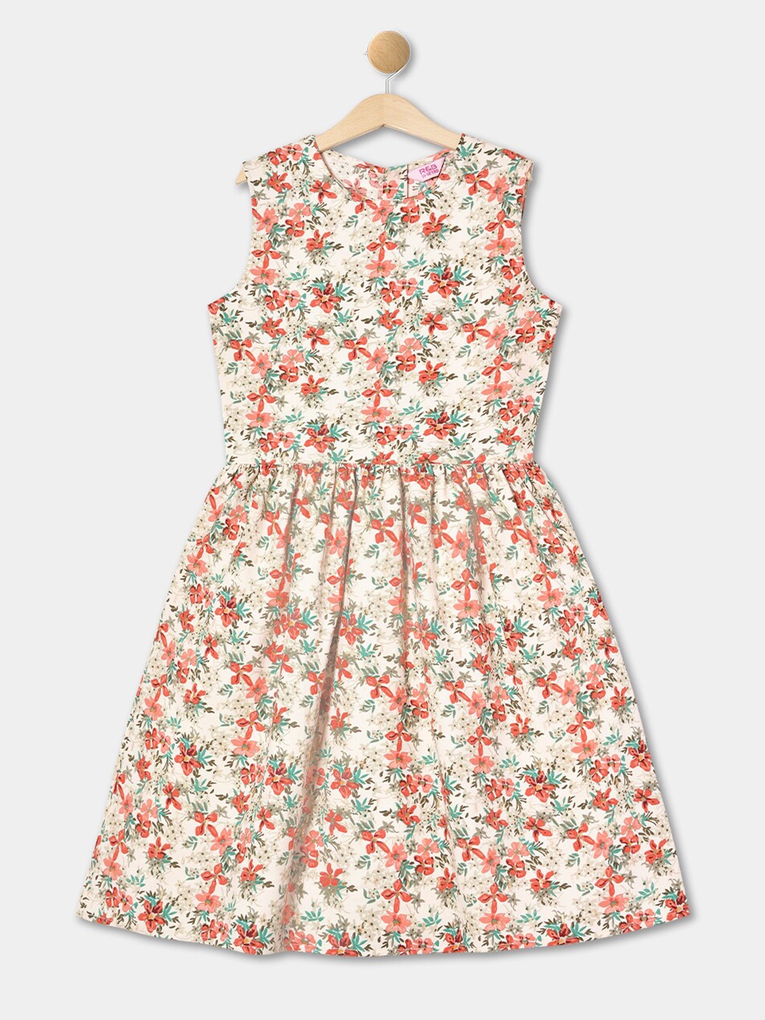 

R&B Girls Floral Printed Cotton Fit & Flare Dress, Off white