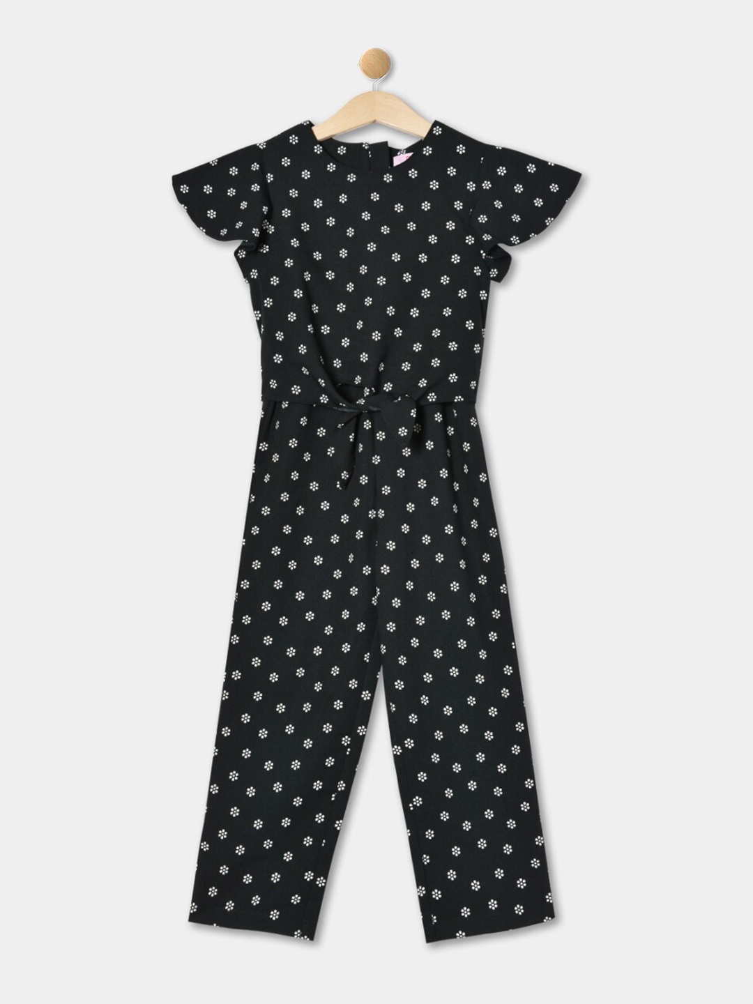 

R&B Girls Floral Printed Waist Tie-Up Basic Jumpsuit, Black