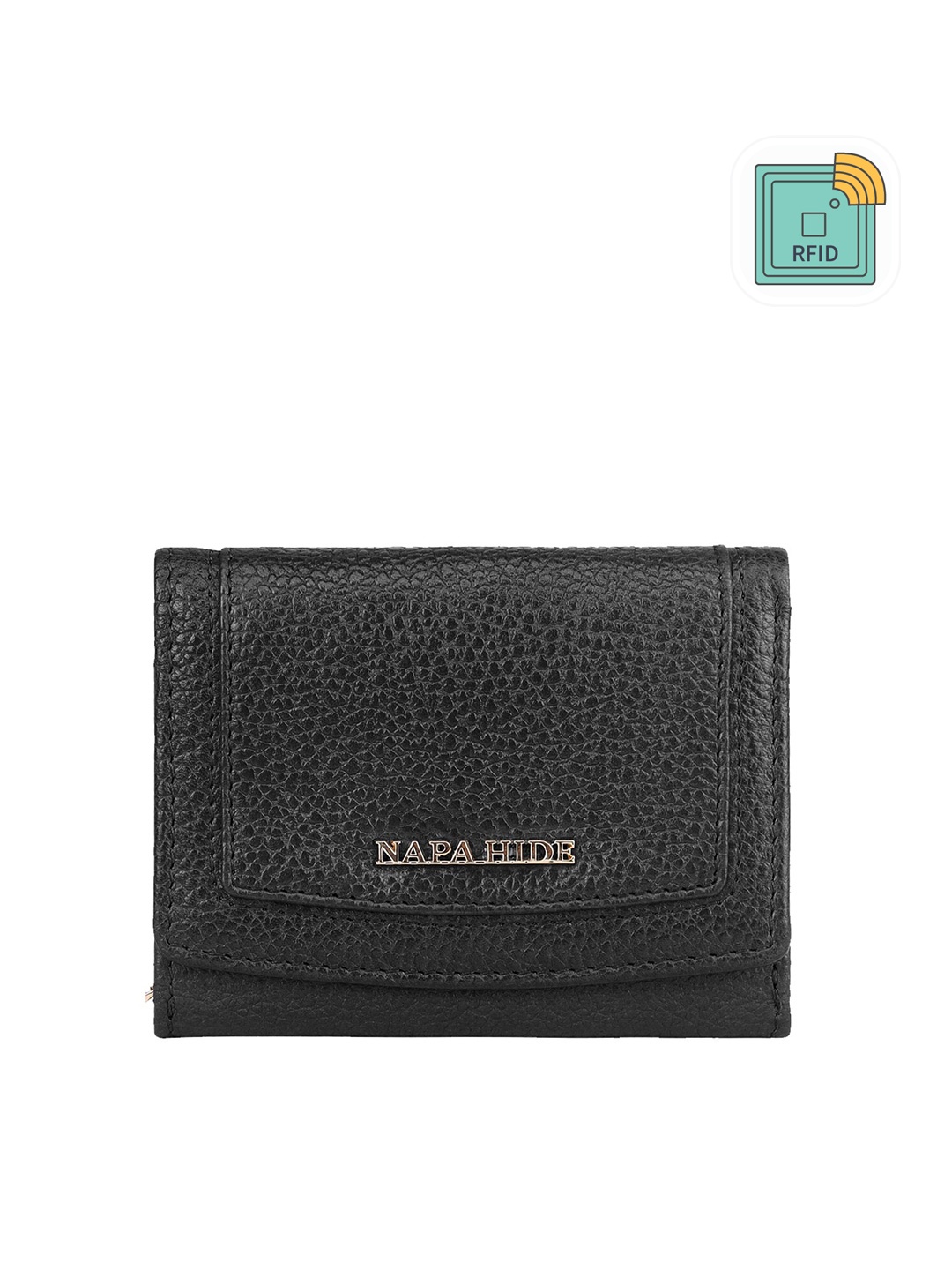 

NAPA HIDE Women Leather RFID Three Fold Wallet, Black