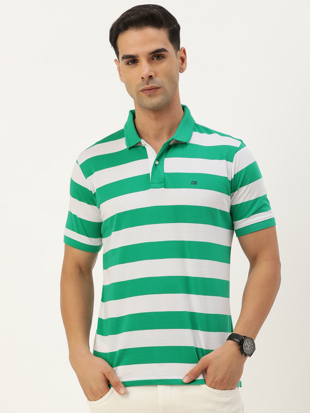 

Peter England Regular Striped Polo Collar Casual T-shirt, Green