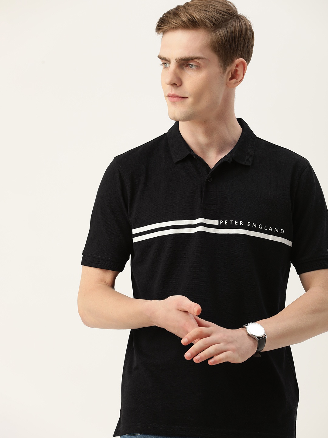 

Peter England Striped & Typography Detail Polo Collar T-shirt, Black