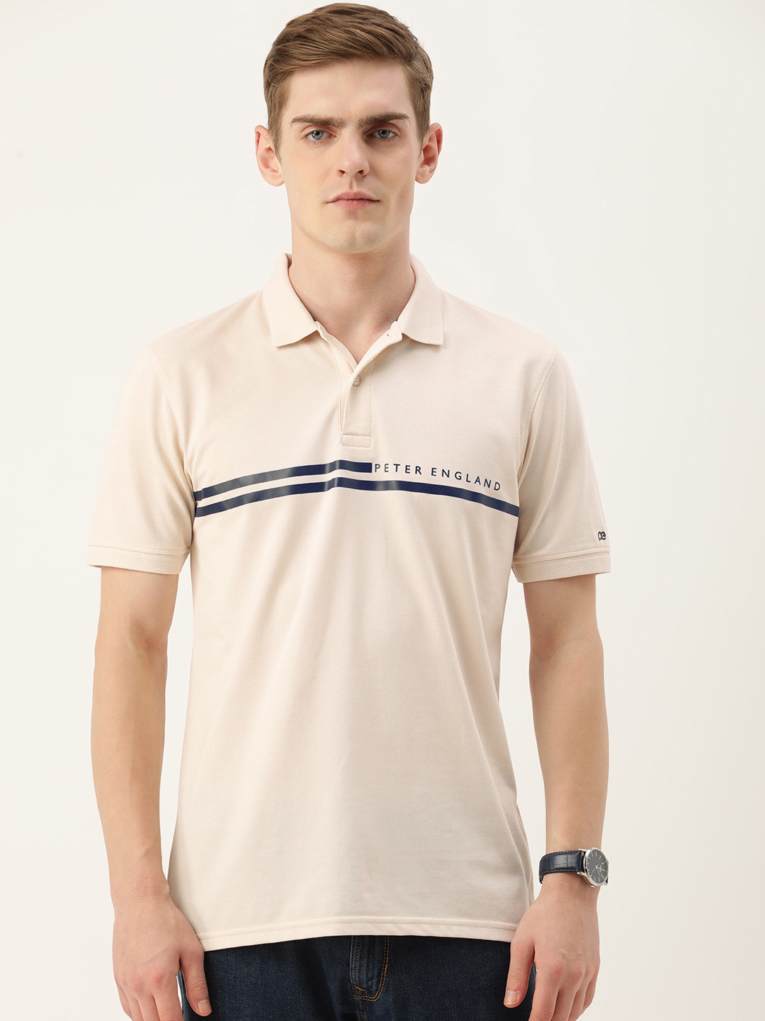 

Peter England Striped & Typography Detail Polo Collar T-shirt, Beige