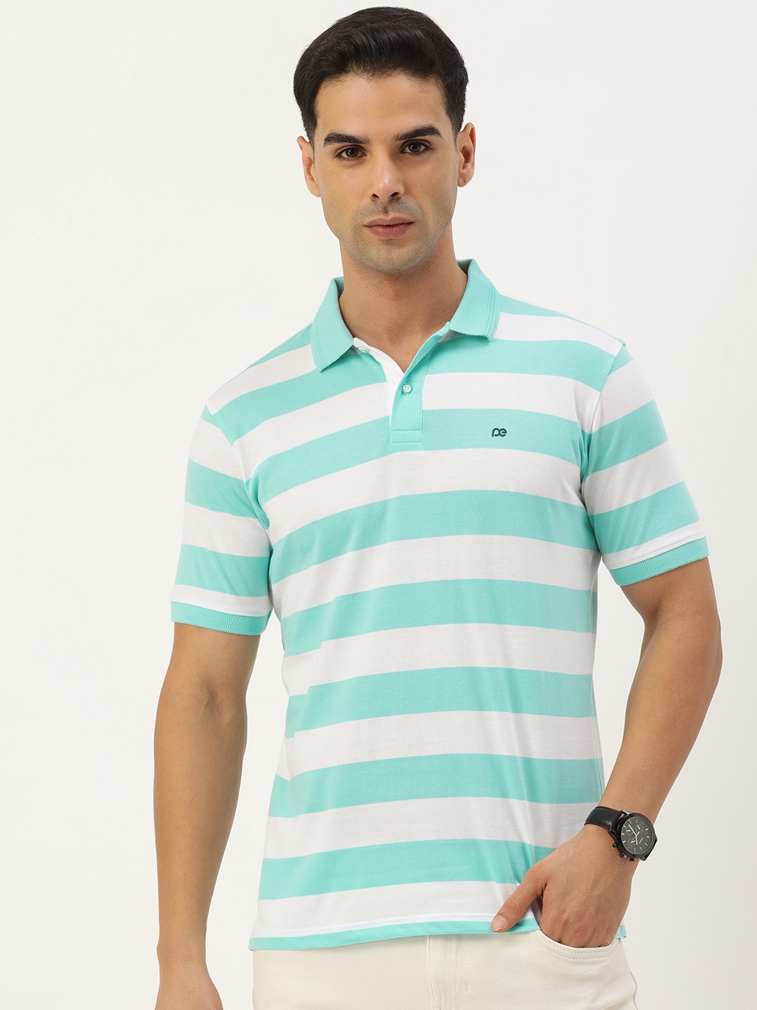 

Peter England Regular Striped Polo Collar Casual T-shirt, Blue