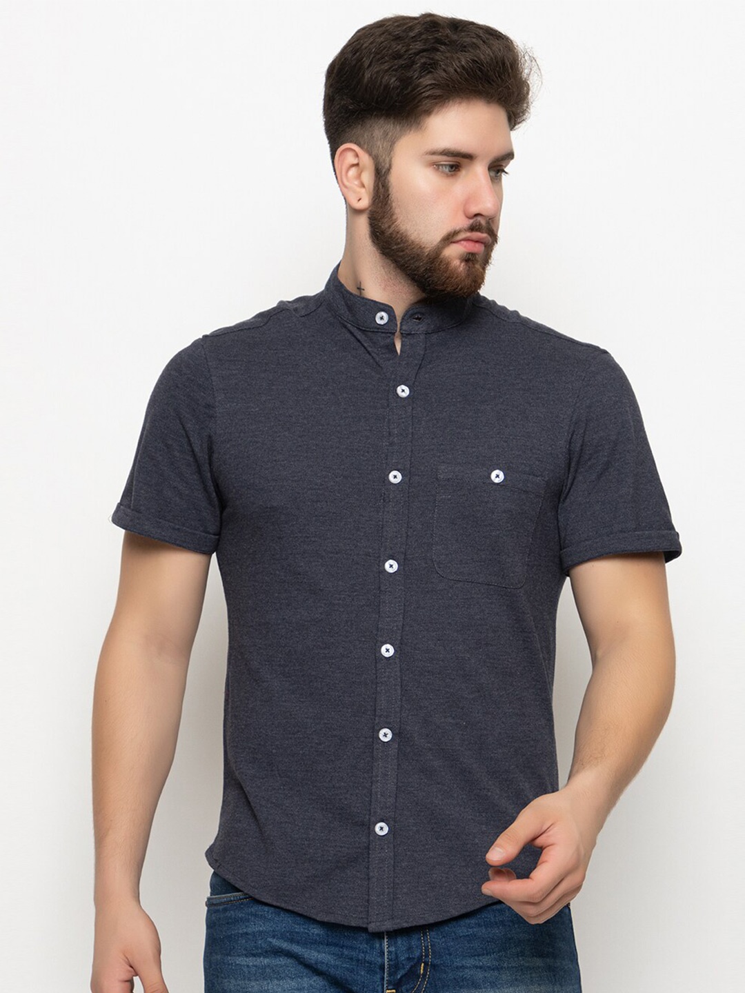 

Club York Mandarin Collar Cotton Casual Shirt, Navy blue