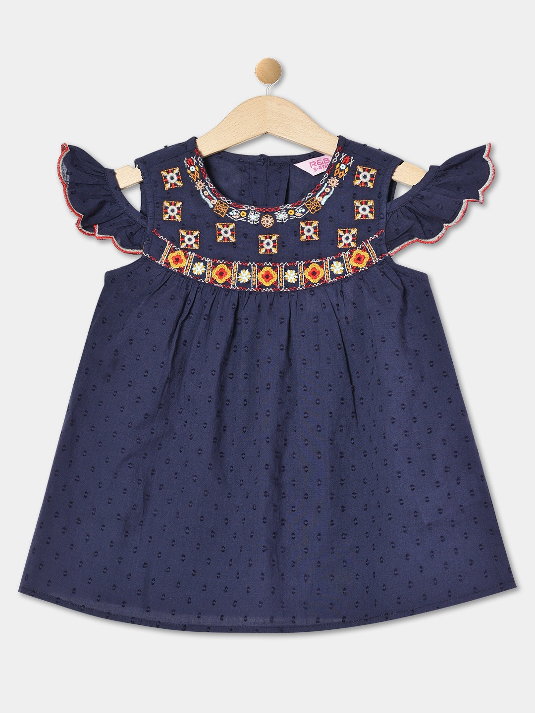 

R&B Girls Round Neck Flutter Sleeves Embroidered A-Line Dress, Blue