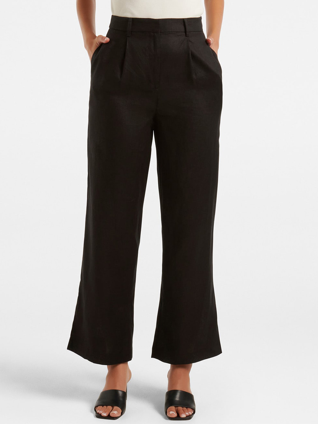 

Forever New Women High-Rise Pleated Linen Bootcut Trousers, Black