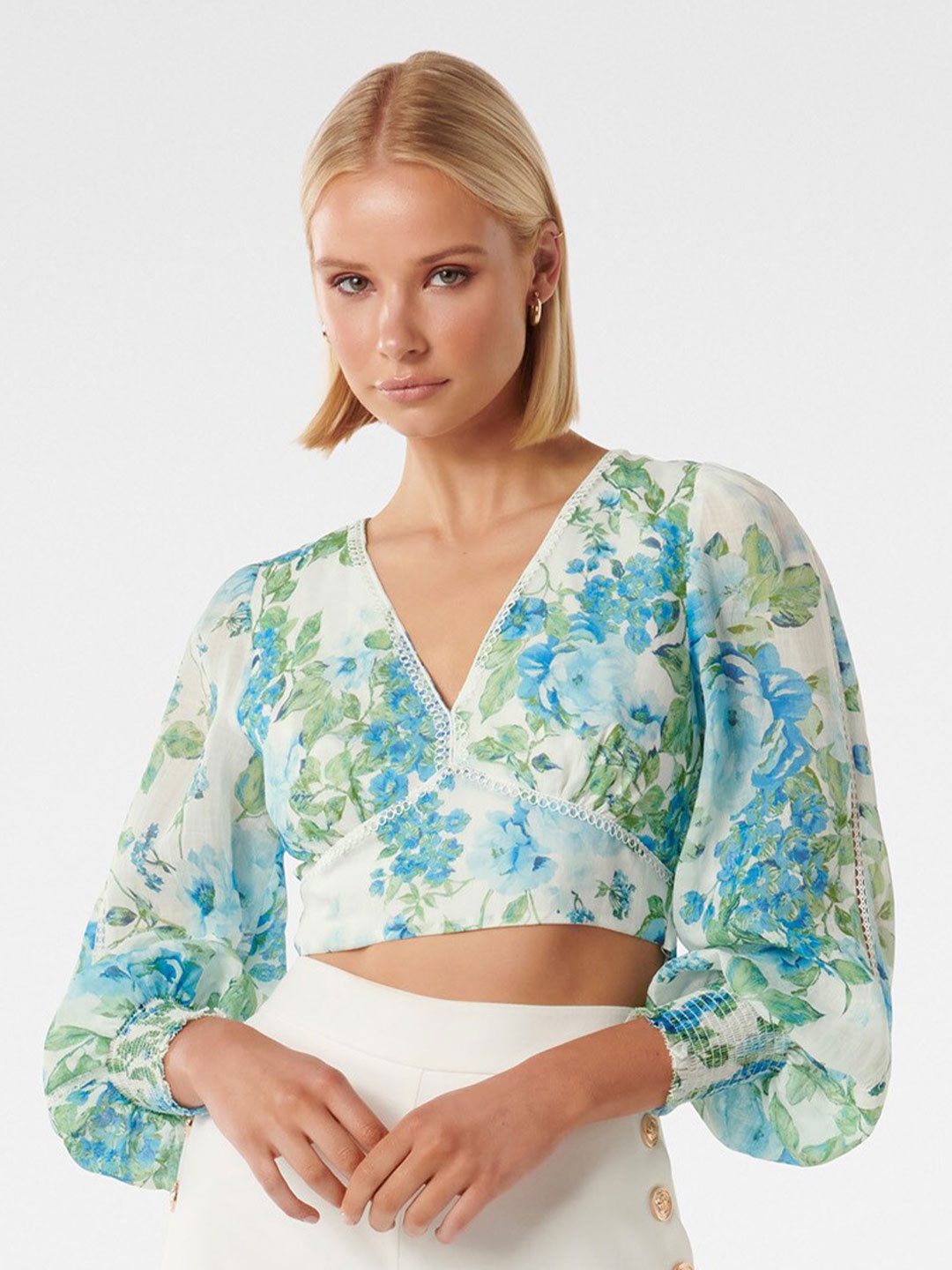 

Forever New Puff Sleeve Floral Printed Fitted Crop Top, Off white