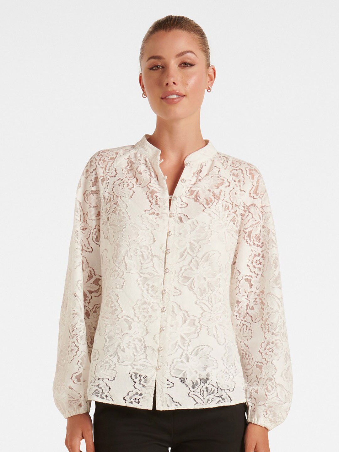 

Forever New Mandarin Collar Raglan Sleeves Lace Shirt Style Top, Off white