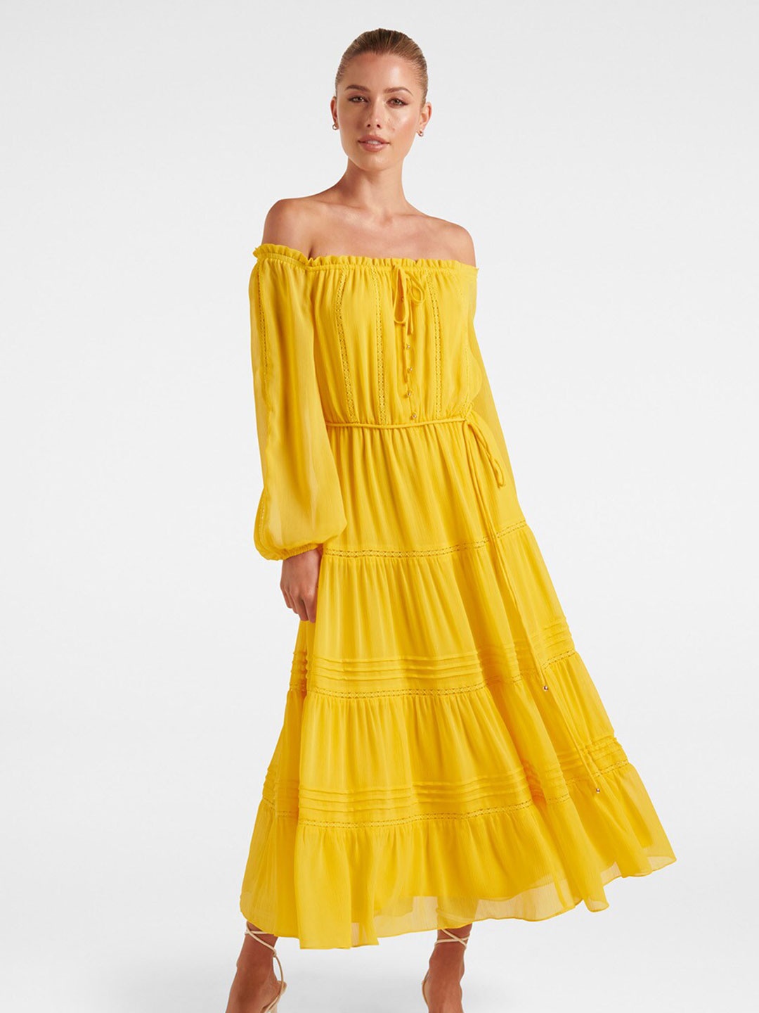 

Forever New Yellow Off-Shoulder Puff Sleeve Maxi Dress
