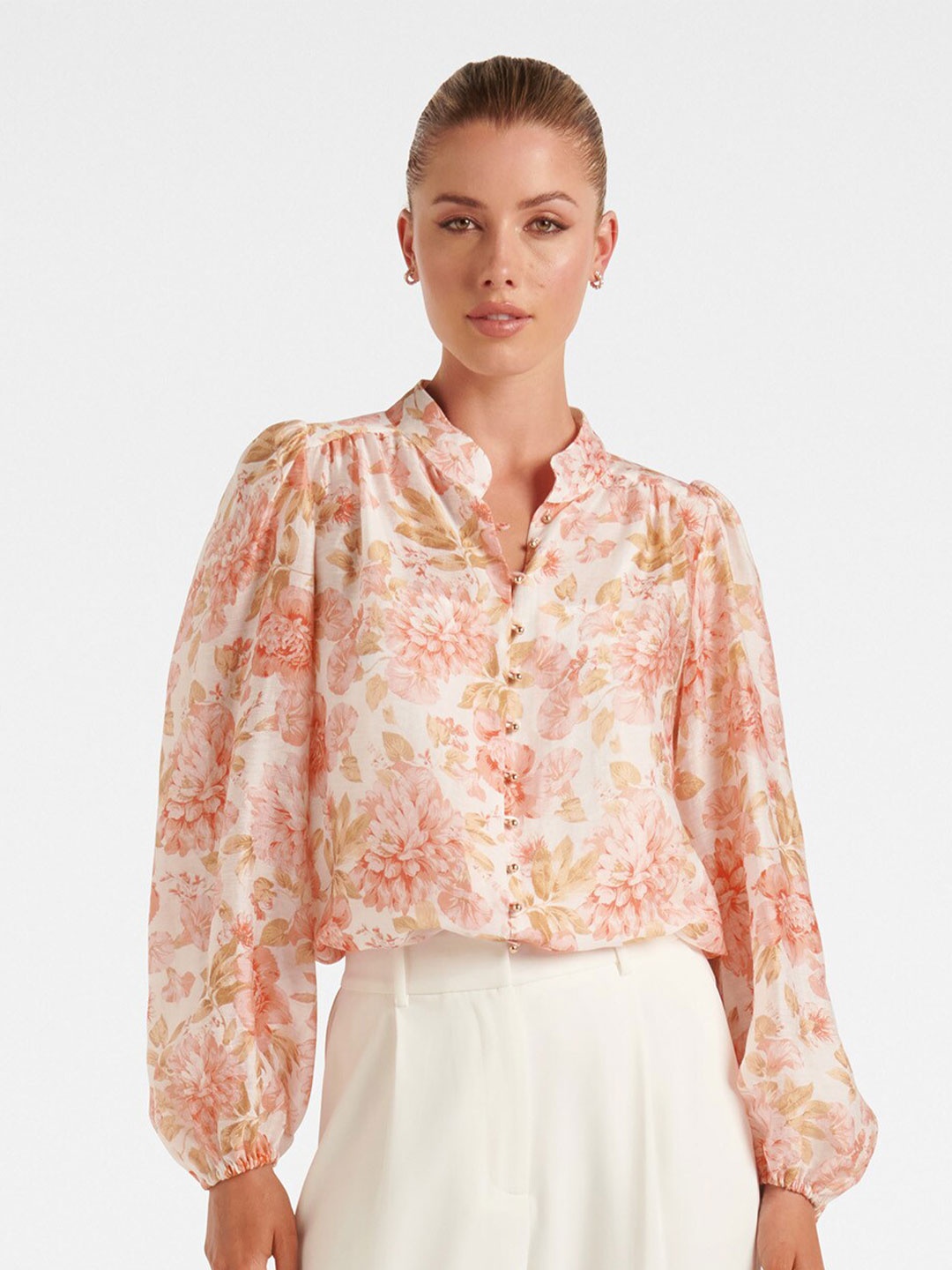 

Forever New Puff Sleeve Floral Printed Mandarin Collar Shirt Style Top, Off white