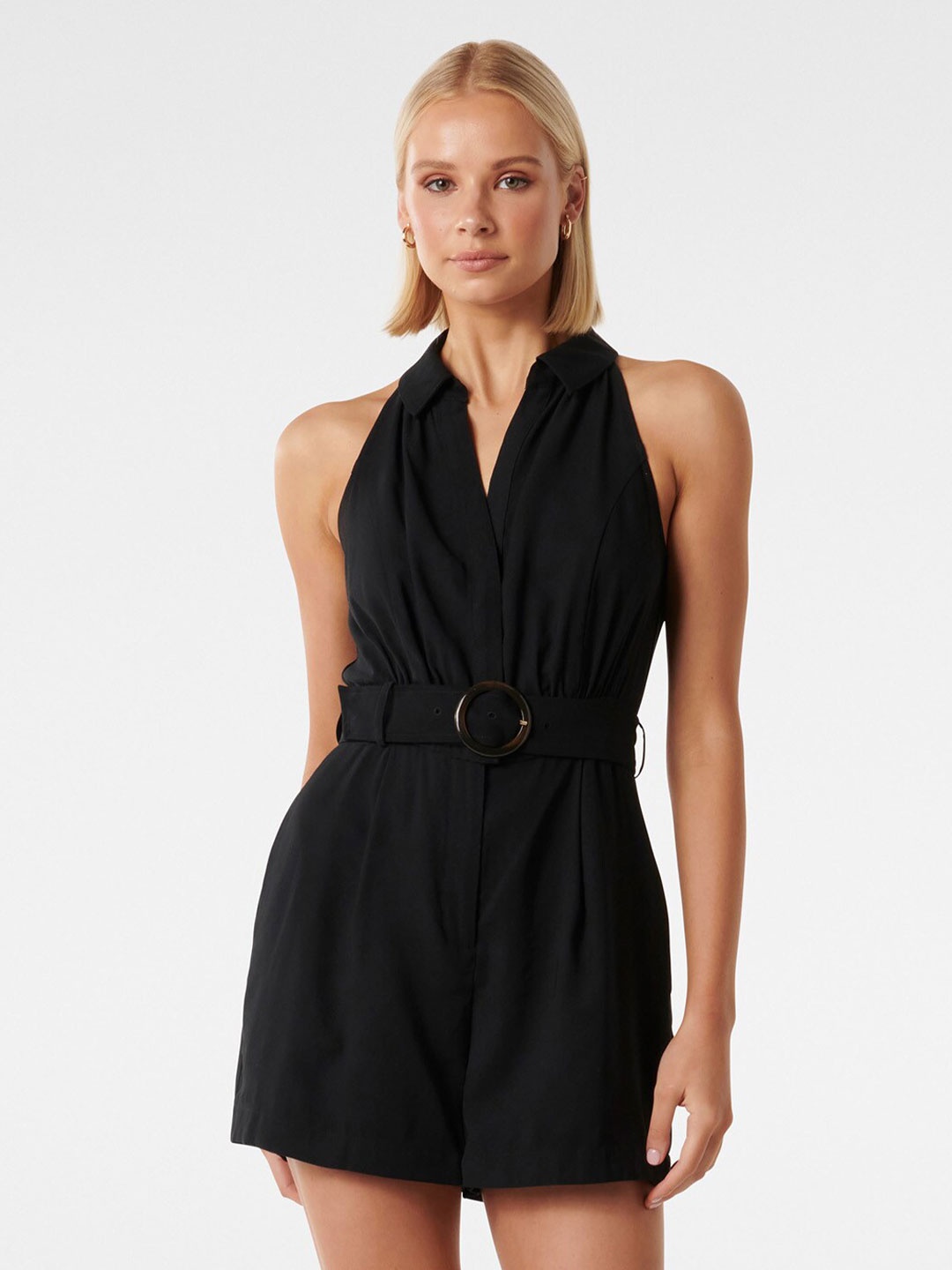 

Forever New Shirt Collar Sleeveless Playsuit with Belt, Black