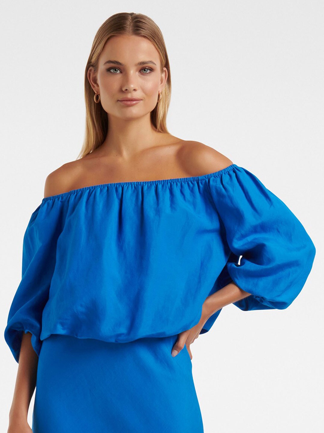 

Forever New Off-Shoulder Puff Sleeve Linen Bardot Top, Blue