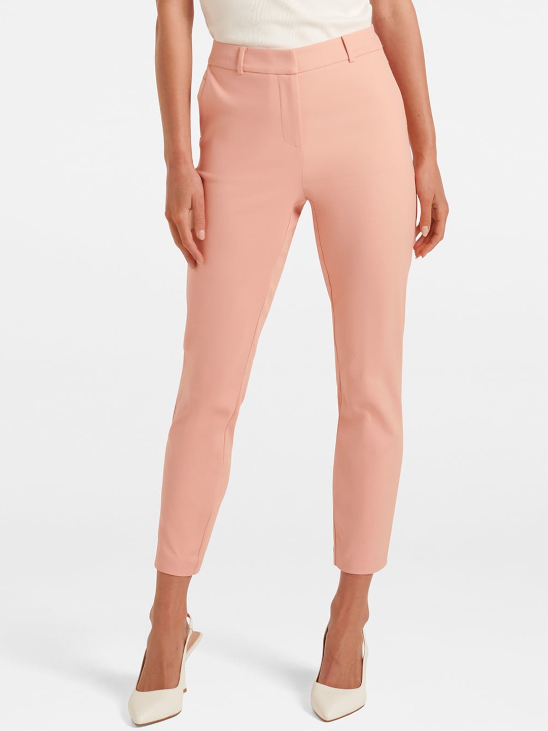 

Forever New Women Mid-Rise Slim Fit Formal Cotton Trousers, Peach