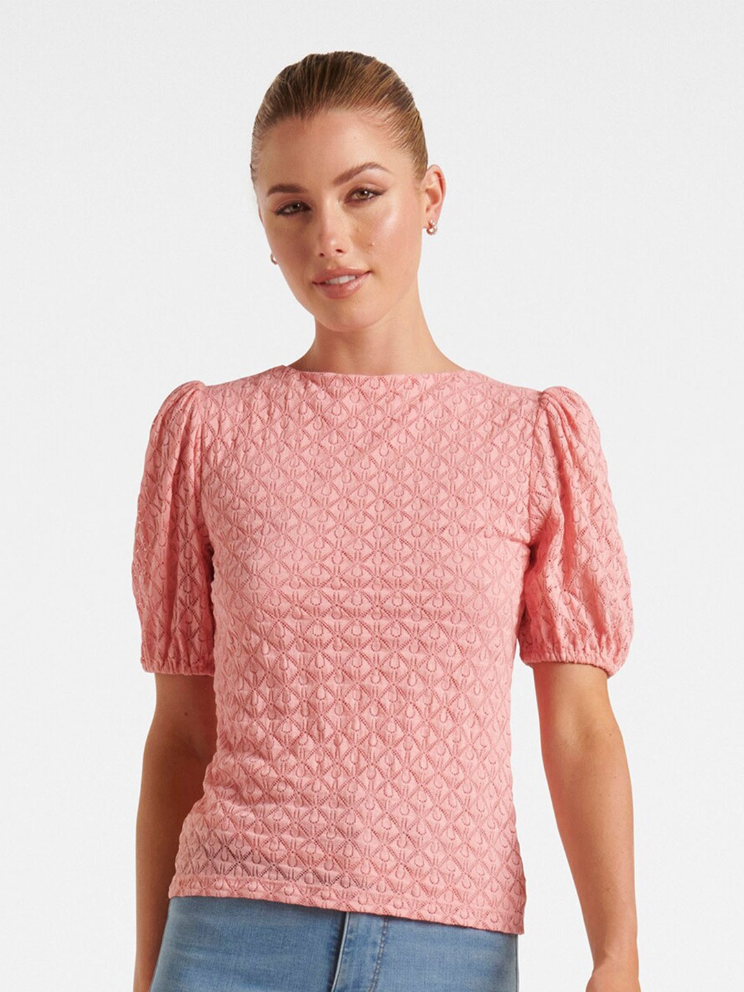 

Forever New Self Design Puff Sleeve Lace Top, Peach