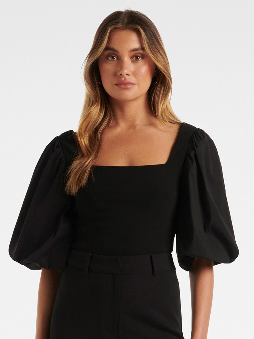 

Forever New Square Neck Puff Sleeve Crepe Top, Black