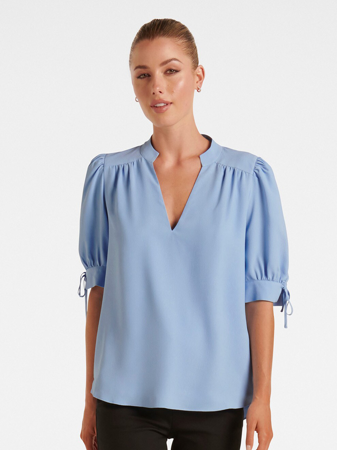 

Forever New Blue Mandarin Collar Puff Sleeve Top