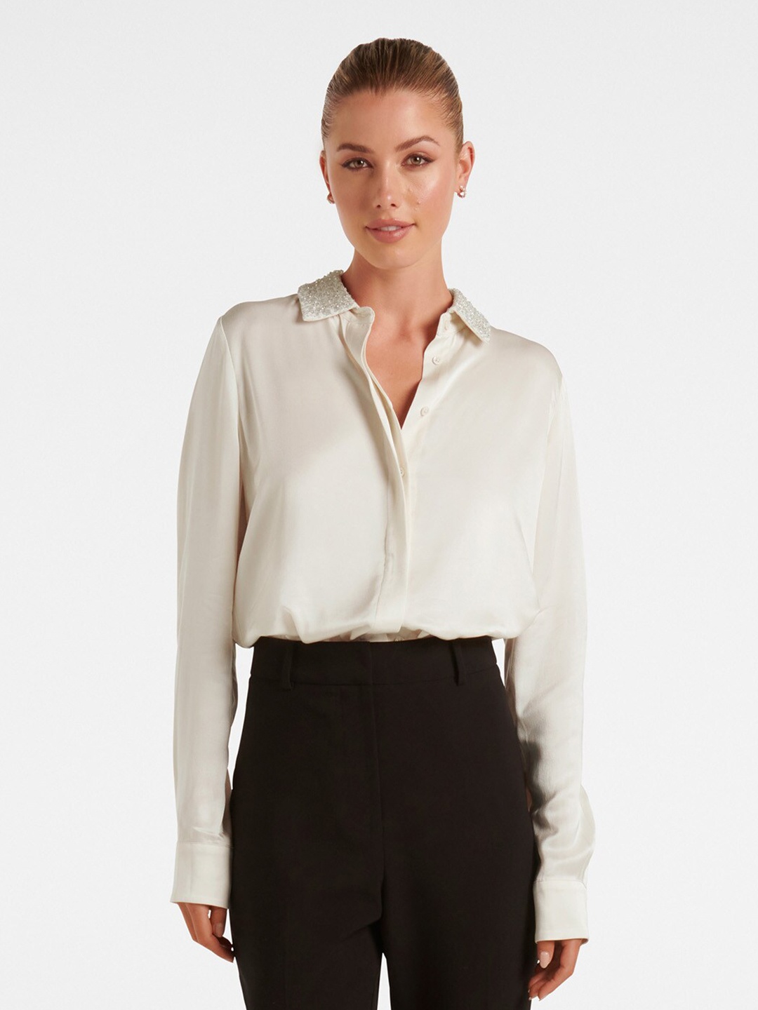 

Forever New Embellished Spread Collar Opaque Formal Satin Shirt, Beige