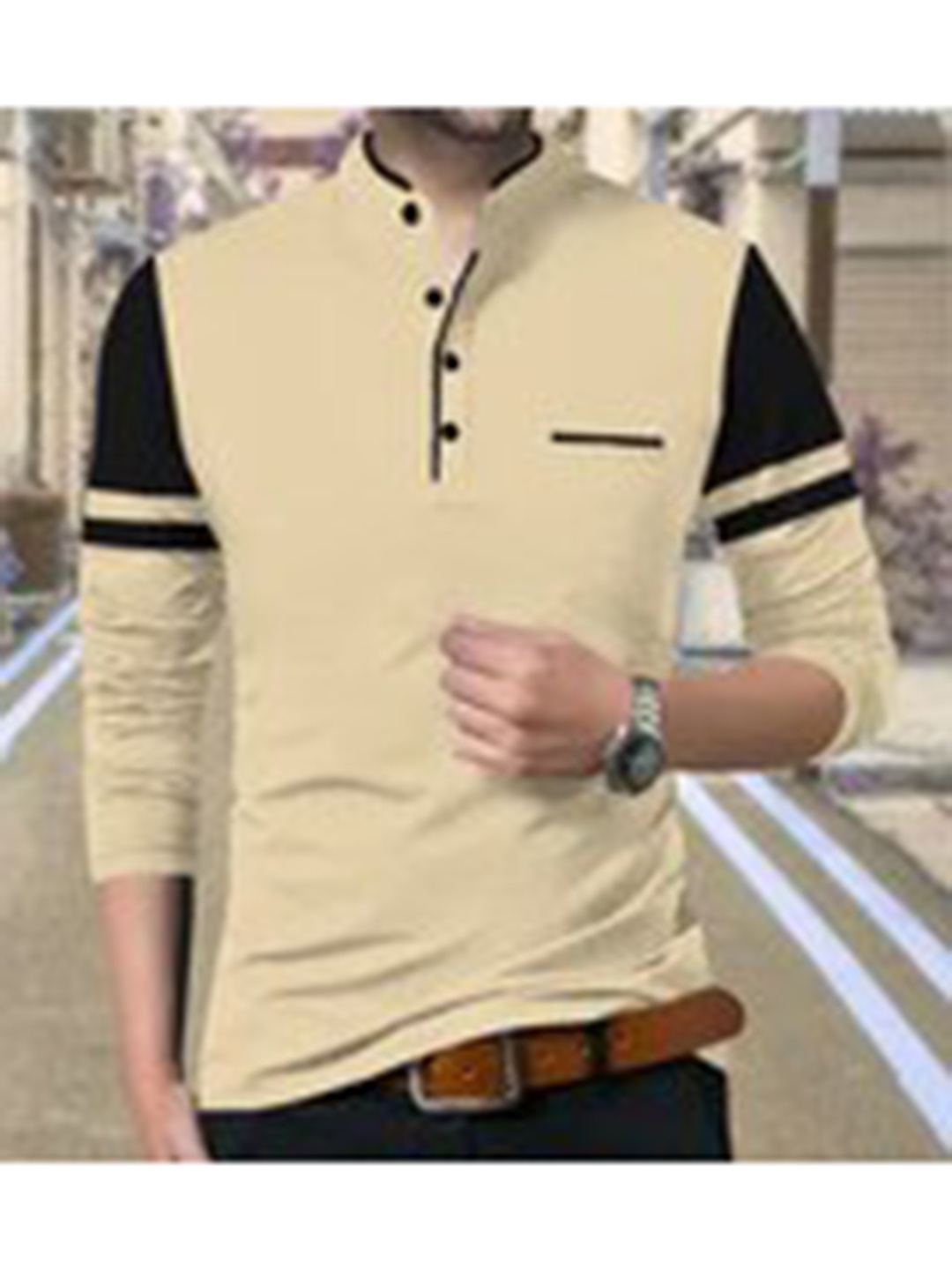 

TRIPR ORIGINALS Mandarin Collar Cotton T-shirt, Beige