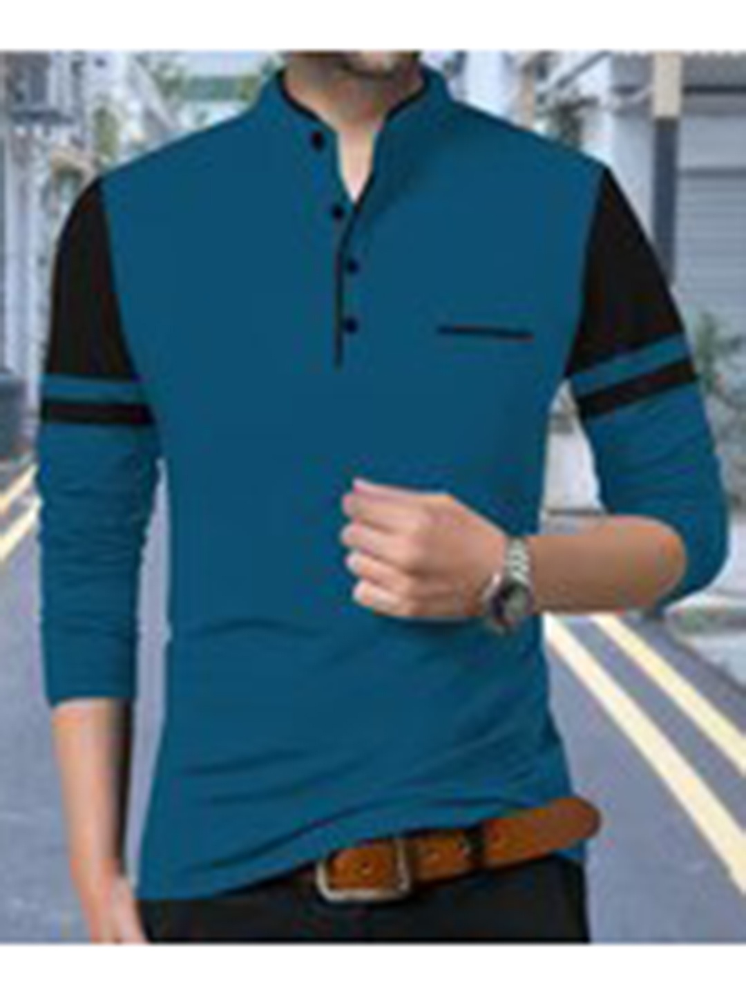 

TRIPR ORIGINALS Regular Striped Mandarin Collar Cotton T-shirt, Blue