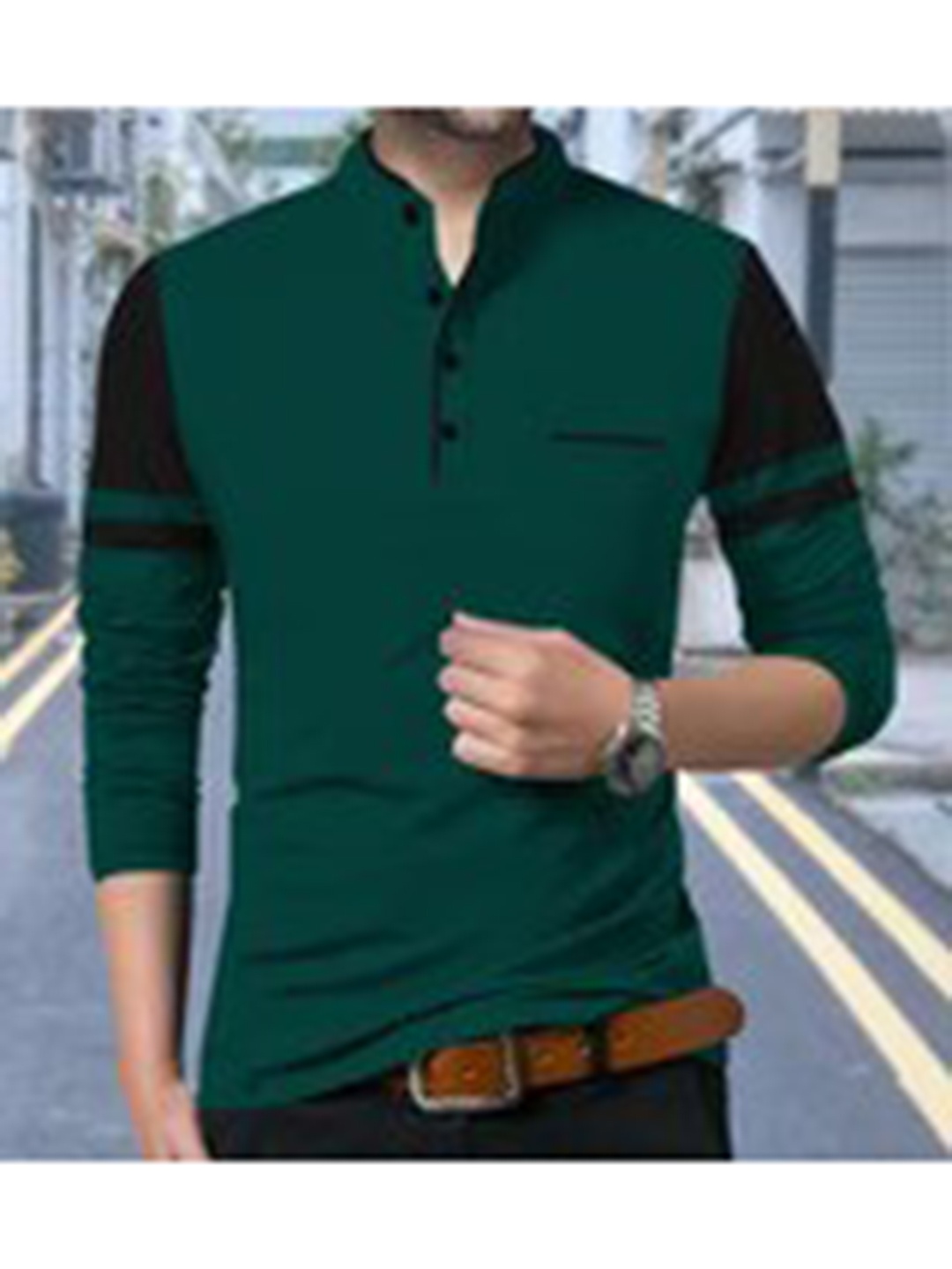 

TRIPR ORIGINALS Henley Neck Cotton T-shirt, Green