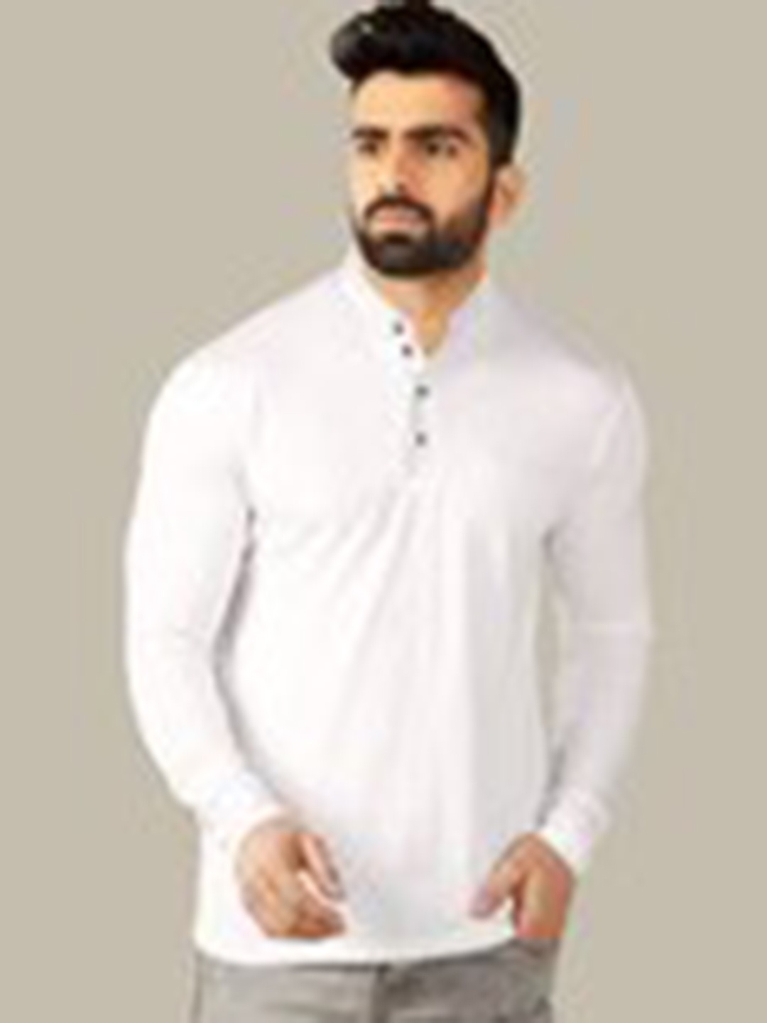 

TRIPR ORIGINALS Long Sleeves Mandarin Collar Cotton T-shirt, White