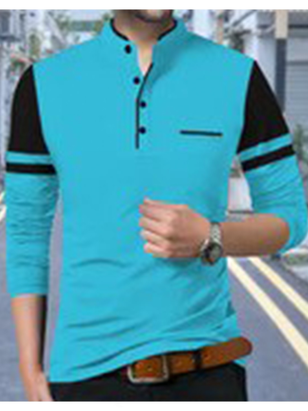 

TRIPR ORIGINALS Regular Striped Mandarin Collar Cotton T-shirt, Blue