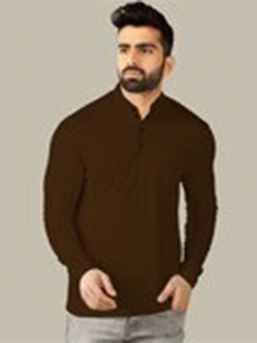

TRIPR ORIGINALS Long Sleeves Mandarin Collar Cotton T-shirt, Brown