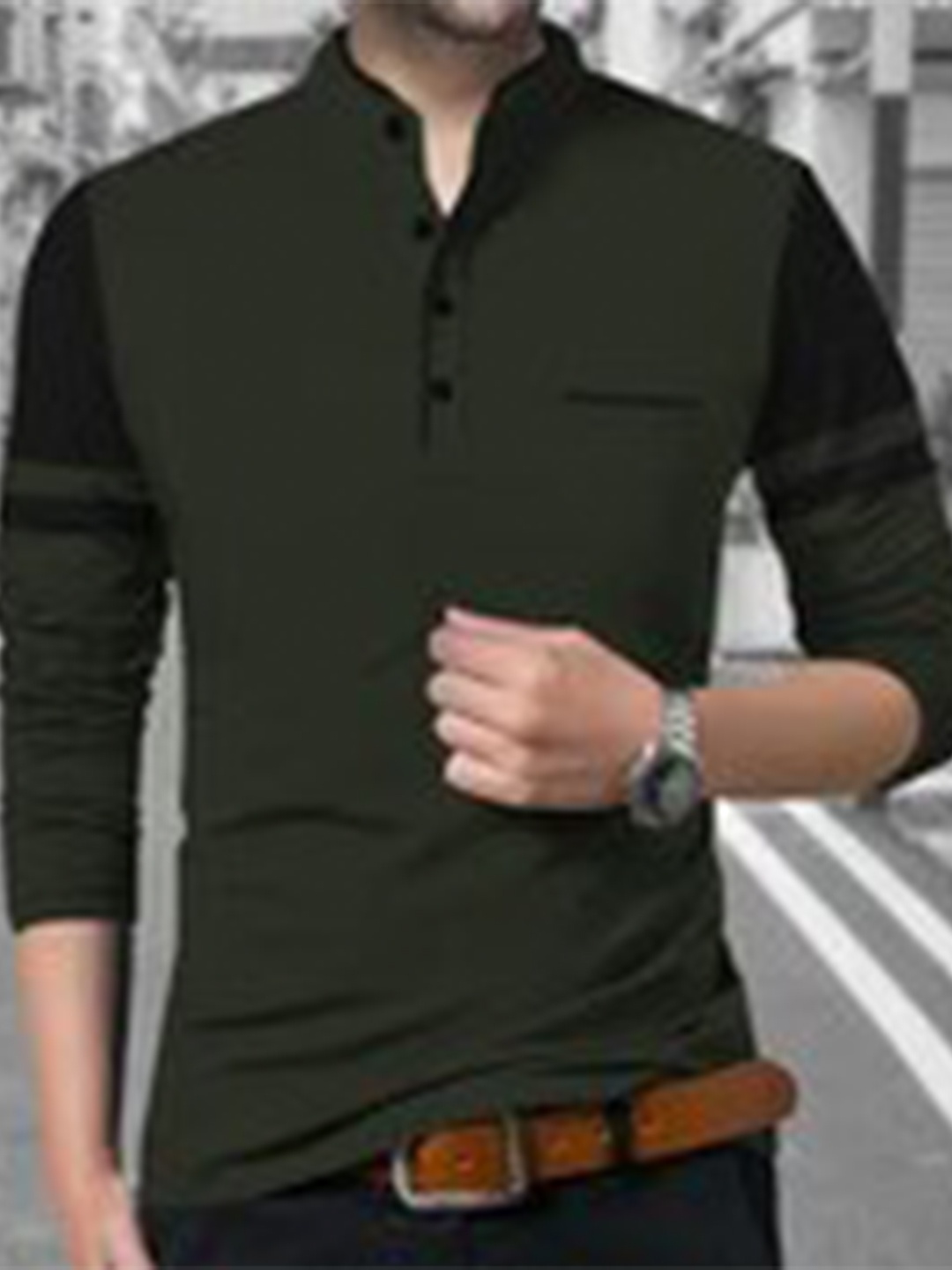 

TRIPR ORIGINALS Henley Neck Long Sleeves Cotton T-shirt, Green