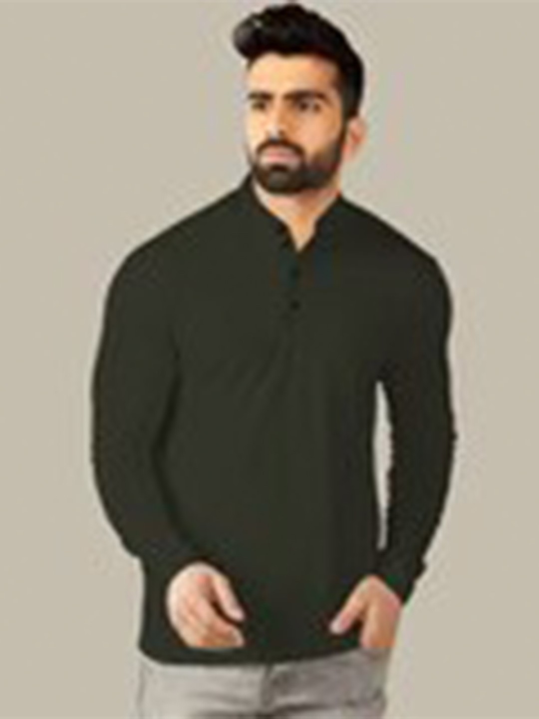 

TRIPR ORIGINALS Long Sleeves Mandarin Collar Cotton T-shirt, Olive