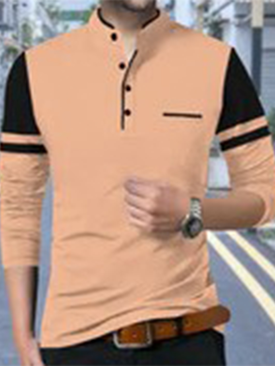 

TRIPR ORIGINALS Henley Neck Cotton T-shirt, Peach