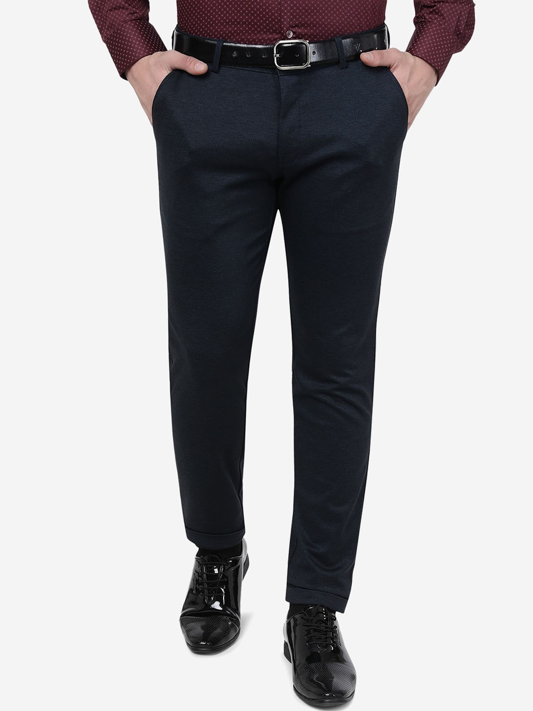 

JB STUDIO Men Mid-Rise Slim Fit Cotton Formal Trousers, Blue