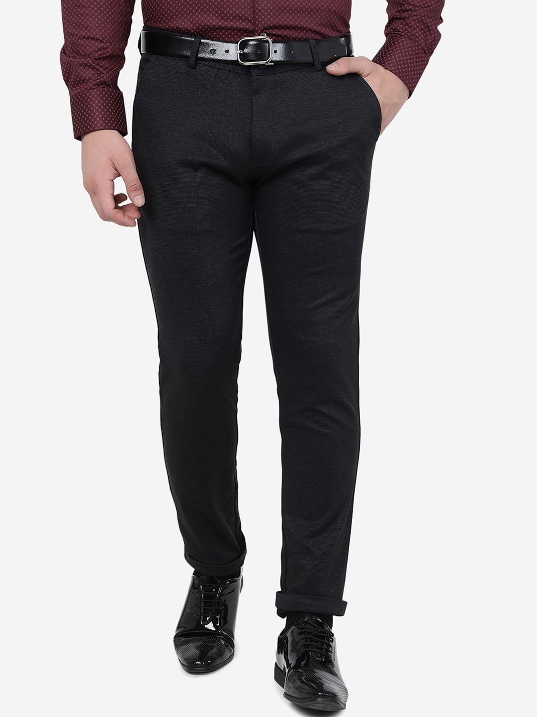 

JB STUDIO Men Mid-Rise Slim Fit Cotton Formal Trousers, Black