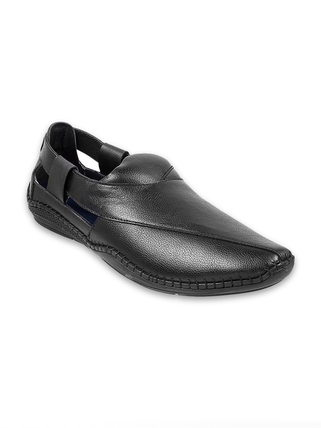 

Mochi Men Round Toe Leather Shoe-Style Sandals, Black