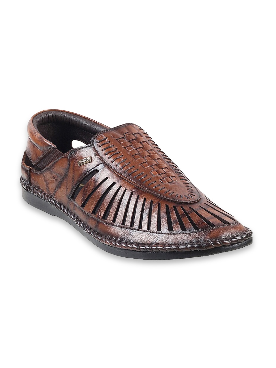 

Mochi Men Textured Leather Shoe-Style Sandals With Laser Cuts, Tan