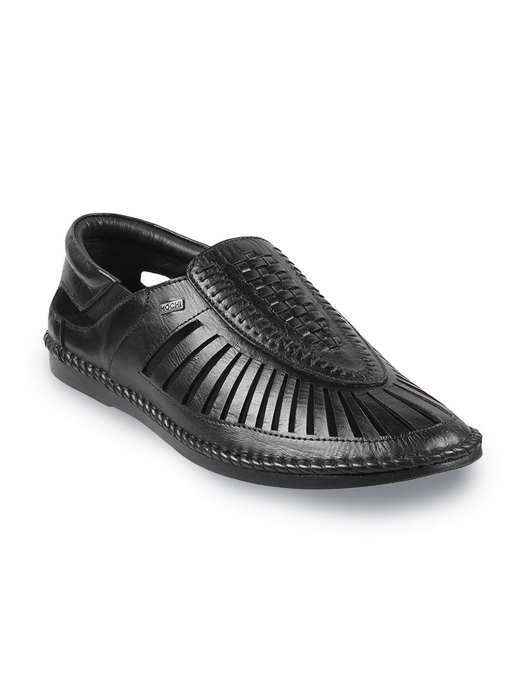 

Mochi Men Textured Leather Shoe-Style Sandals With Laser Cuts, Black